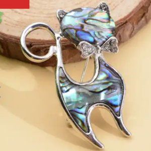 Abalone Shell and Austrian Crystal Cat Brooch in Silvertone